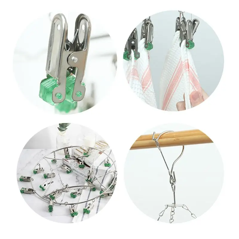 Quickly Remove Stainless Steel Laundry Clothes Drying Rack Drip Hanger with Windproof Hook 20 Clips for Underwear Sock Bra Glove