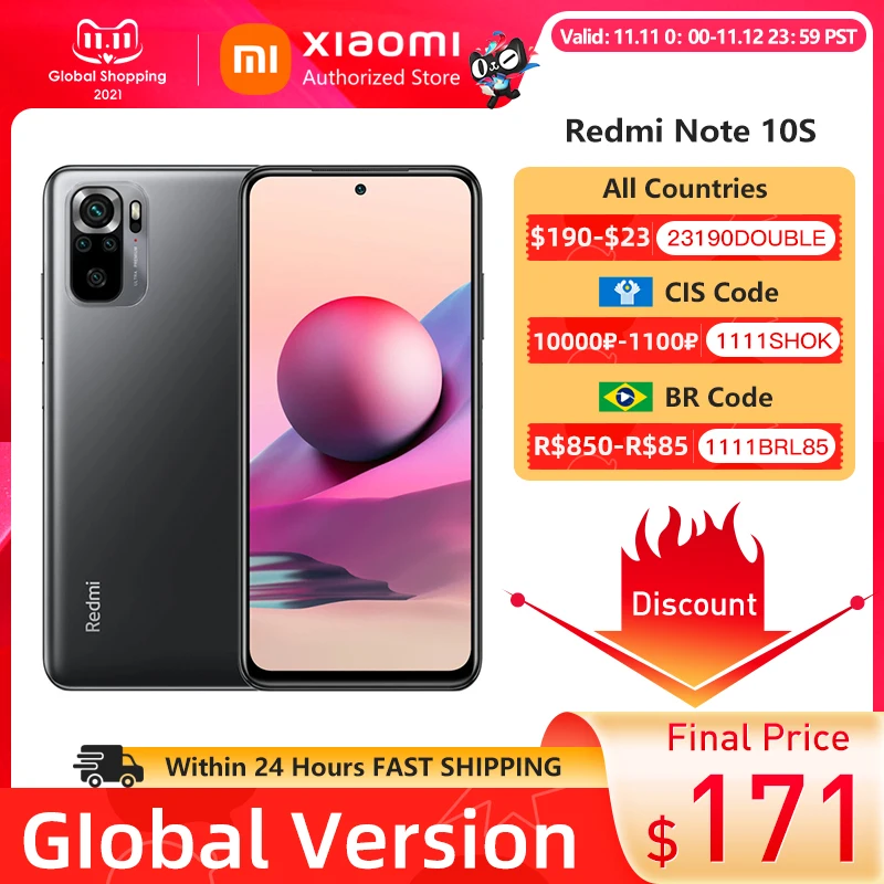 Смартфон Xiaomi Redmi Note 10S 6 + 64/128 ГБ 8 ядер 64 мп 43 дюйма AMOLED 5000 мАч | Мобильные телефоны и