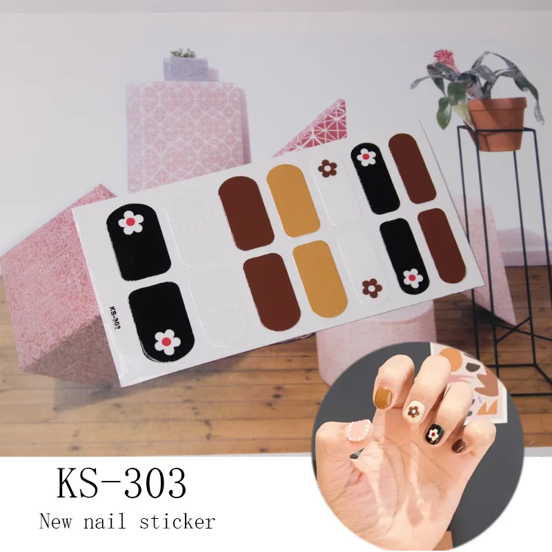 KS-303 14 стикеров/листов, Модные цветные наклейки для ногтей, французский стиль, полное покрытие для ногтей, наклейки для ногтей, решетчатые элементы, художественный дизайн, Прямая поставка - Цвет: KS-303