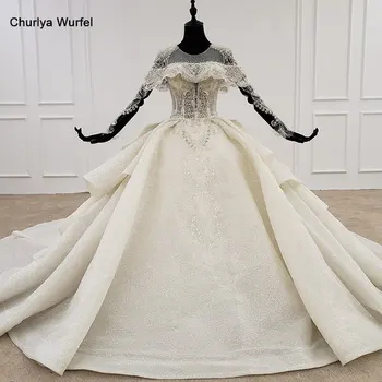 

HTL1267 wedding dress with sleeve o-neck long sleeve applique beading pearl lace up wedding dress plus size vestido de novia new