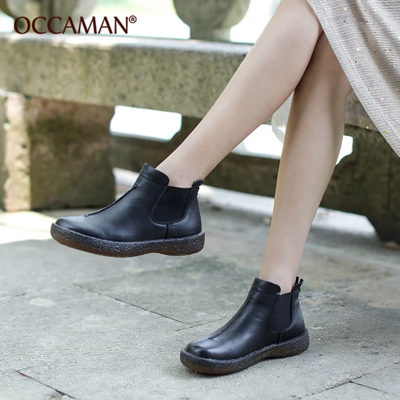 

OCCAMAN Round Toe Increasing Heels Low Flats New Leather Simple Thicken Bottom Ankle Boots 16117