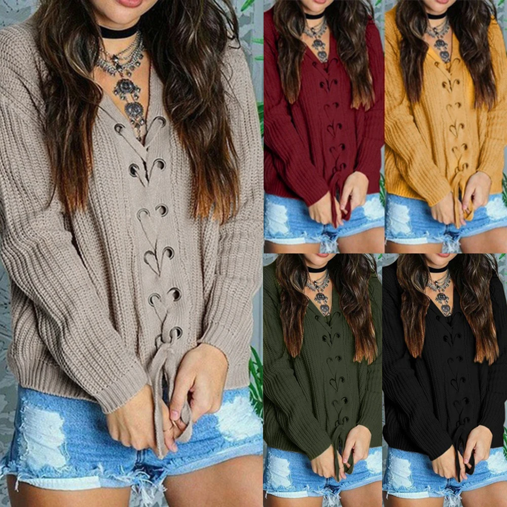 New Autumn Winter Knitted Sweater Women Solid Casual V Neck Drawstring Pull Femme Modish Slim Tricot Jumper Sexy Full Pullovers