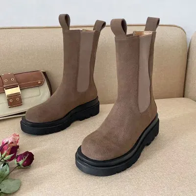 camel suede Черные ботинки «Челси» из натуральной кожи на толстой подошве; женские полусапожки на плоской подошве с круглым носком; женские повседневные ботинки для езды на мотоцикле; Zapatos De Mujer - Цвет: camel suede