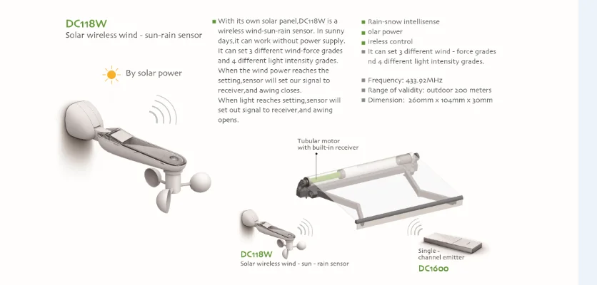 DC118W 433MHz Солнечный беспроводной датчик ветра солнца дождя для тента и затвора