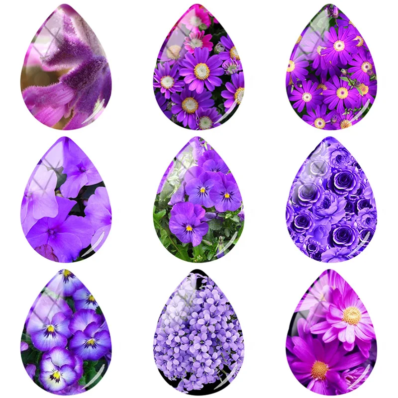 

TAFREE Beautiful Purple Flowers Pattern 18x25mm Handmade Tear Drop Shape Glass Cabochon Dome Flat Back Jewelry FL164
