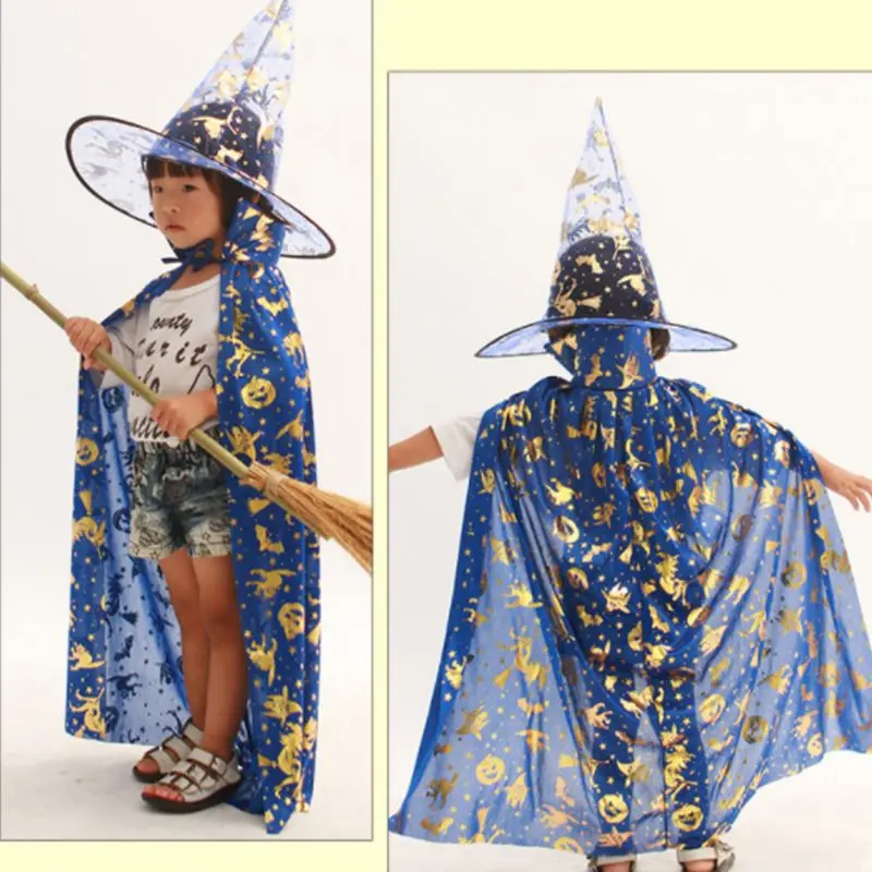 

Child Kids Halloween Witch Wizard Costume Cosplay Cape Pumpkin Bat Cat Bronzing Print Role Play Dress Up Cloak with Pointed Hat