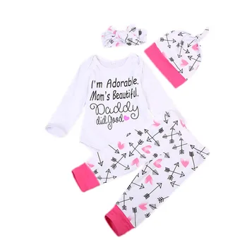 

4Pcs Long Sleeve Bodysuit Tops Pants Headband Set For Baby Girl Clothes