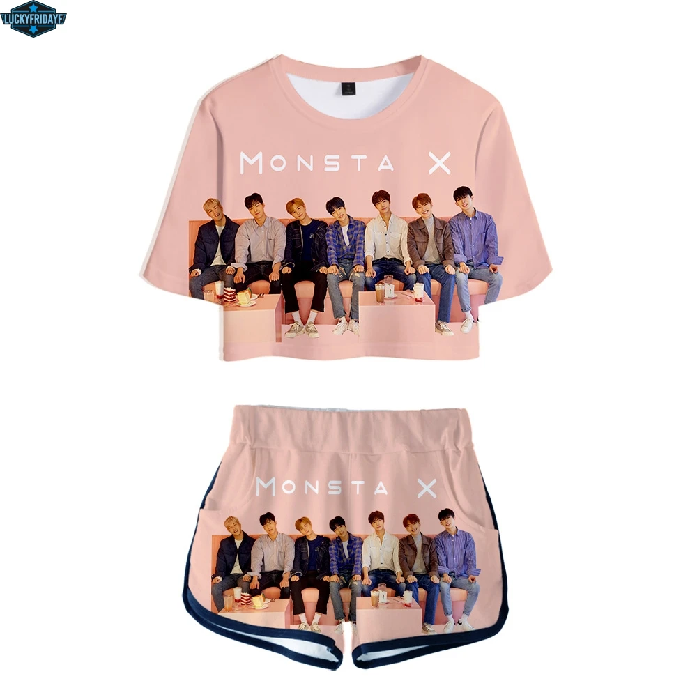 Горячая Распродажа LUCKYFRIDAYF MONSTA X 3D комплект из двух предметов Сексуальная хлопковая Футболка для женщин стиль 3D футболка хип-хоп костюм шорты топы+ шорты