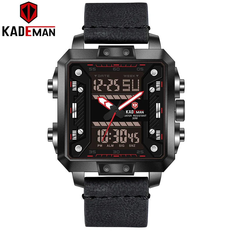 K6153-B-RE-B Новые роскошные квадратные часы мужские спортивные водонепроницаемые военные наручные часы Лидирующий бренд KADEMAN Dual Move Мужские t повседневные кожаные часы Relogio - Цвет: K6153-B-RE-B