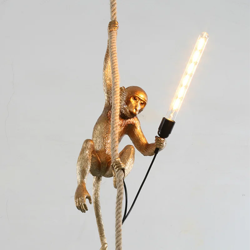 

Modern Golden White Resin Monkey Pendant Lamp Suspension luminaire Loft Hemp Rope Pendant Light for Home Lighting