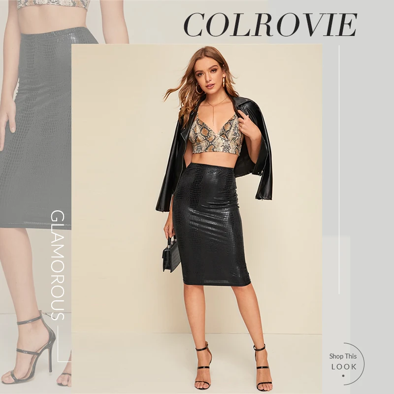 COLROVIE черная крокодиловая узорная юбка-карандаш, Женская облегающая юбка с высокой талией, осень, женские элегантные однотонные миди юбки