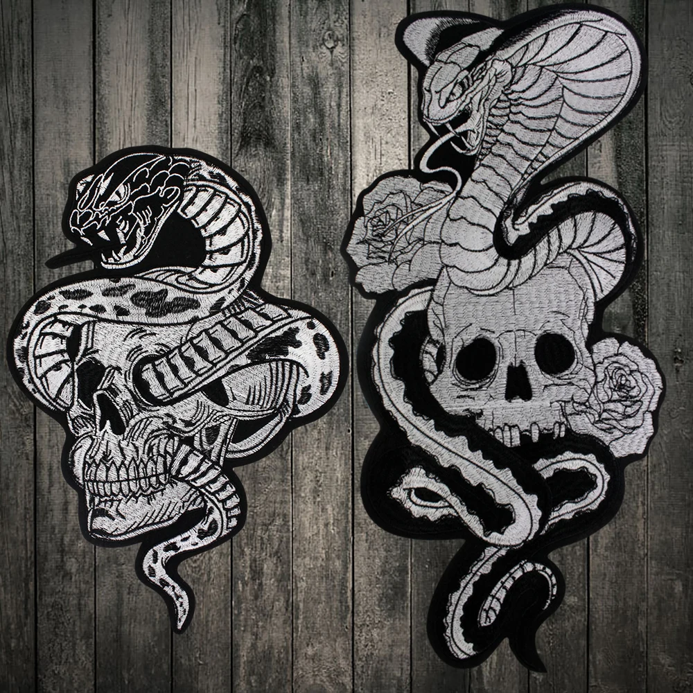 Parches grandes de Calavera serpiente flor motero bordados para Parches grandes de Calavera serpiente flor motero bordados para
