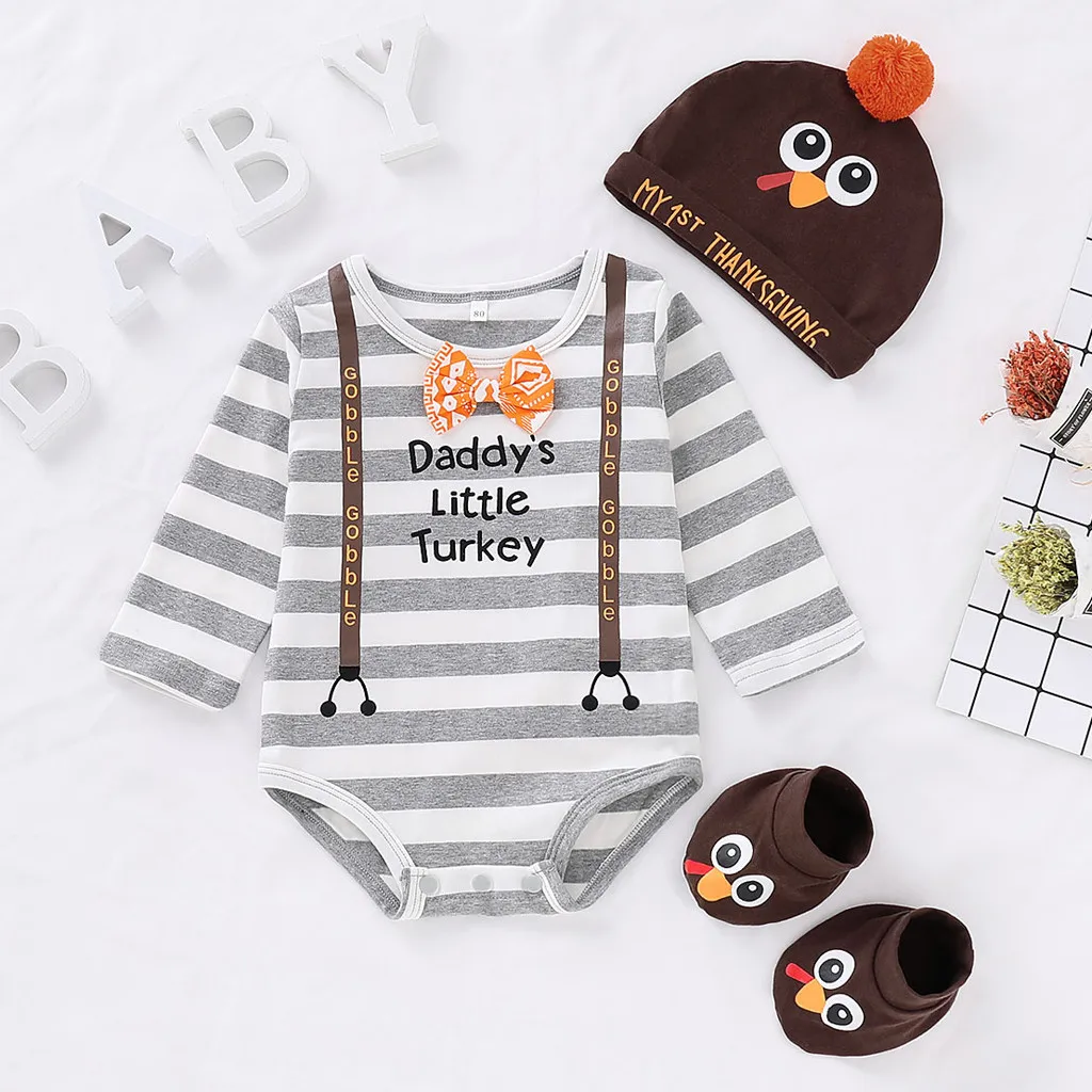 Одежда для новорожденных на День Благодарения пуловер-комбинезон с рисунком индейки для маленьких мальчиков и девочек, носки с шапкой комплект одежды в полоску, Ubranka Dla Niemowlat