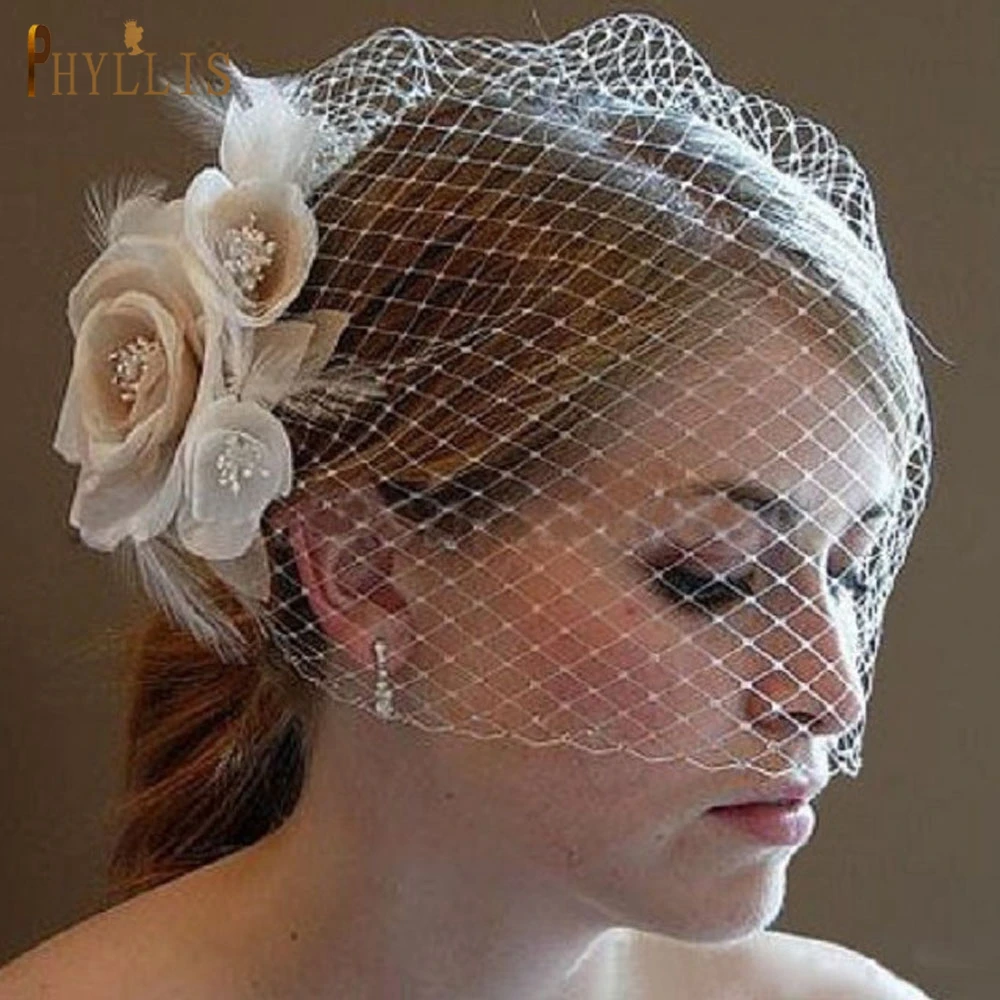 JM01 Bridal Birdcage Veil Blusher Veil Feather Flower Short Veil Party Wedding Veil White Fascinator Bride Hats With Veil