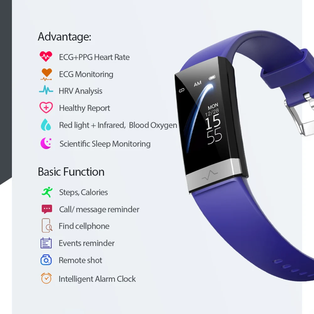 V19 ECG Bluetooth4.0 Heart Rate Blood Pressure Sleep Monitoring Smart Bracelet USB Port Charging Smart Bracelet