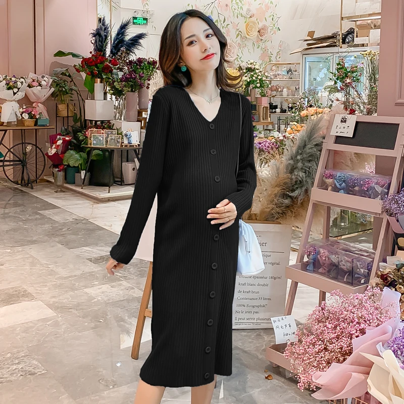 5178# Autumn Winter Knitted Maternity Straight Dress V Neck Bodycon Slim Clothes for Pregnant Women Pregnancy Sweaters Clothing - Цвет: Черный