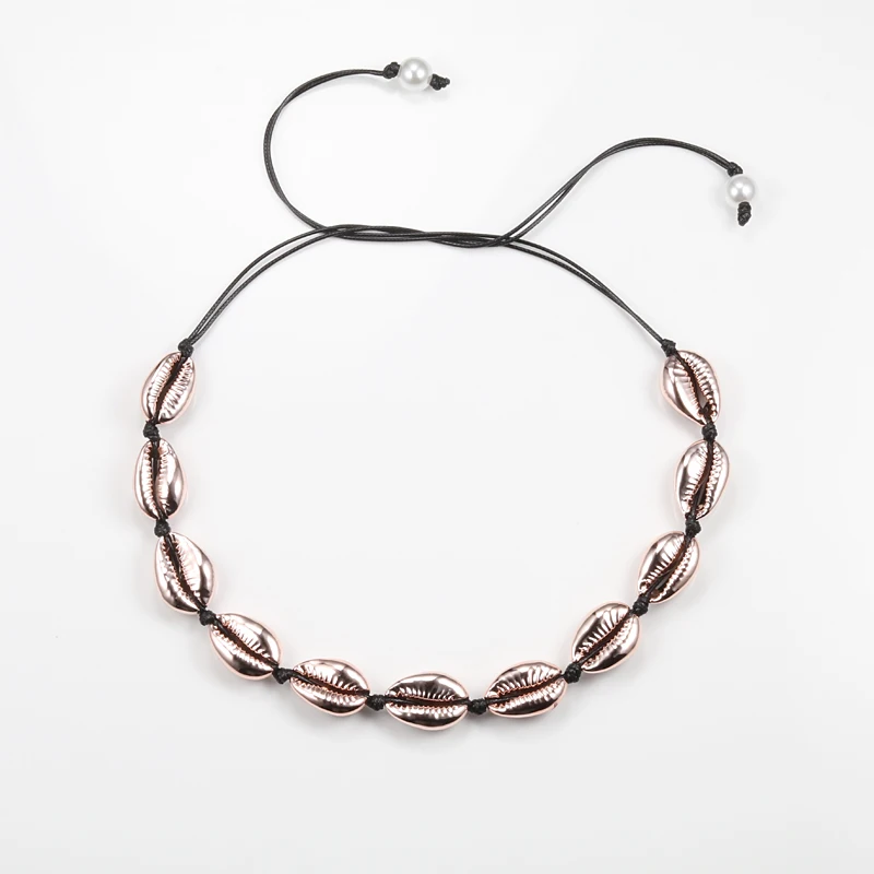 

Rose Gold Cowrie Shell Necklace Collar Choker Natural Seashell Bohemian Jewelry Knit Black Rope Necklaces for Woman Girls Gifts