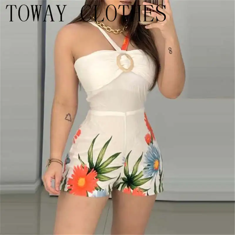 

Summer Women Sleeveless Thick Strap Tropical Print Halter Skinny Romper Vacation One Piece