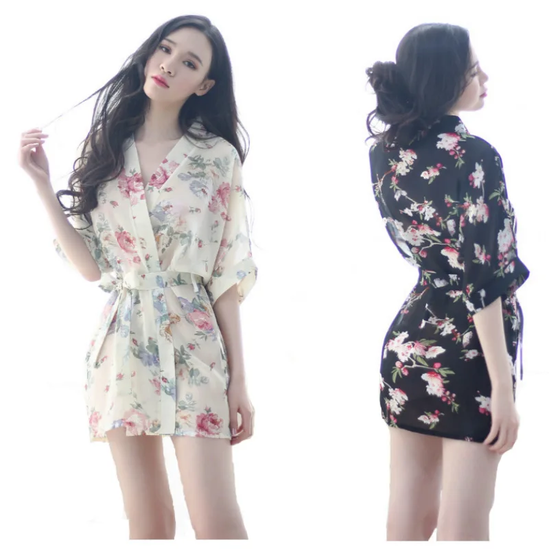 

High-end sexy lingerie sexy pajamas skirt transparent chiffon bathrobe kimono female suit breathable skin-friendly pajamas