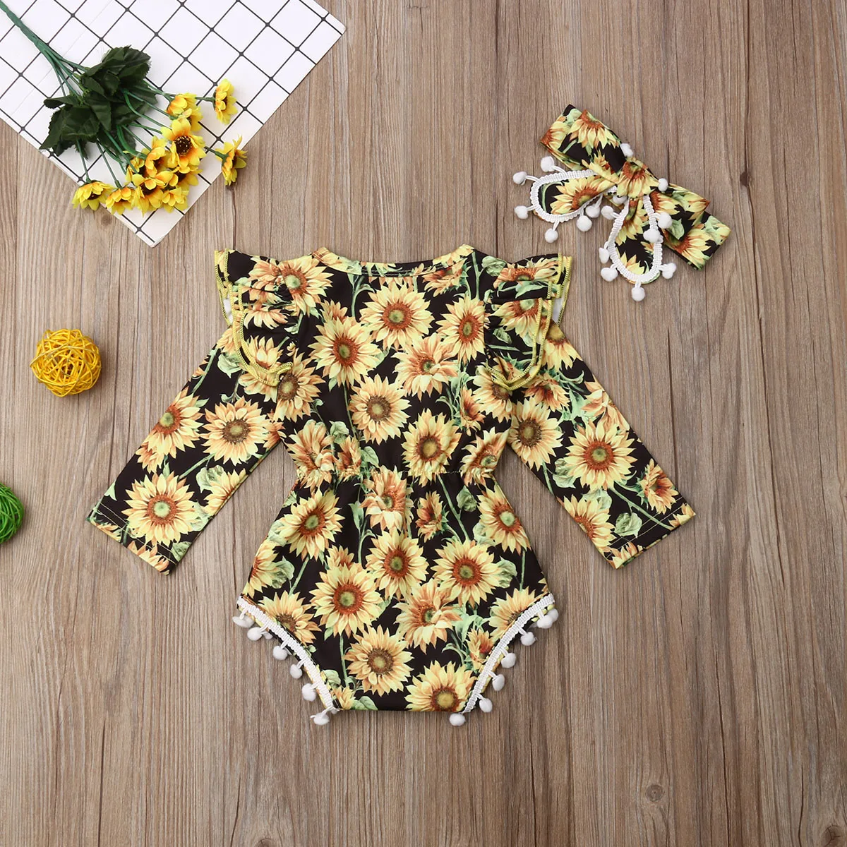 Baby Girl Bodysuit Toddler Newborn Sunflower Clothes Ruffle Long Sleeve Round Neck Jumpsuit Headband Clothing Outfit