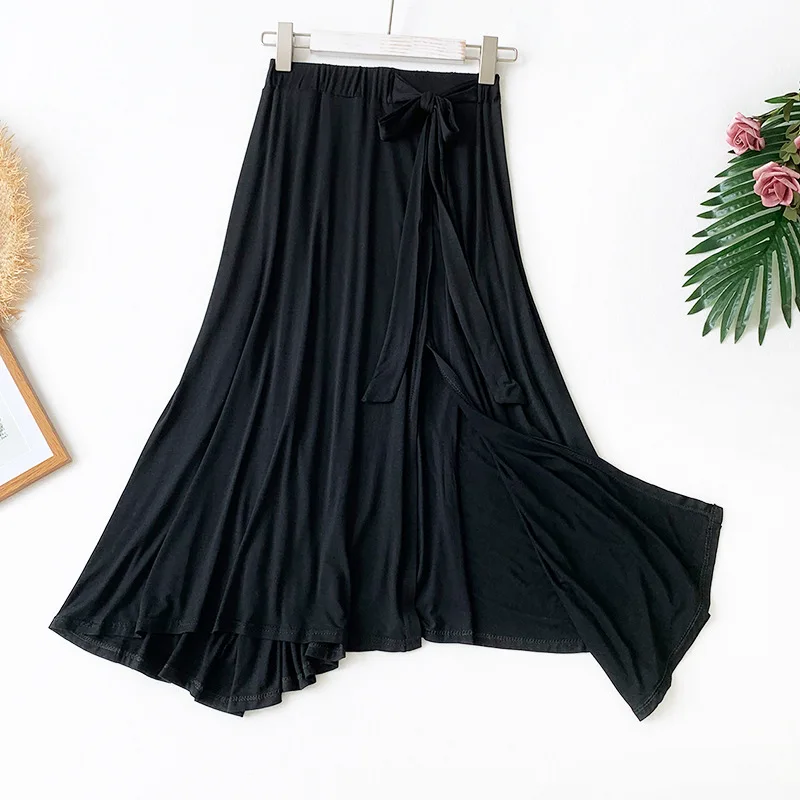 Black Modal Knitting Long Skirts Elastic Waist Sashes Soft Cotton Jersey Split A-line Ankle Long Skirts - Color: Black