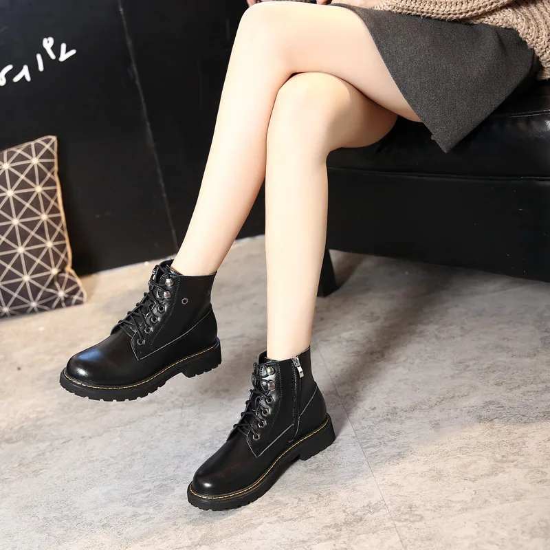 

INS Martin Boots Women's 2019 Autumn And Winter New Style Students Versatile Lace-up plus Velvet British Style CHIC Short Boots