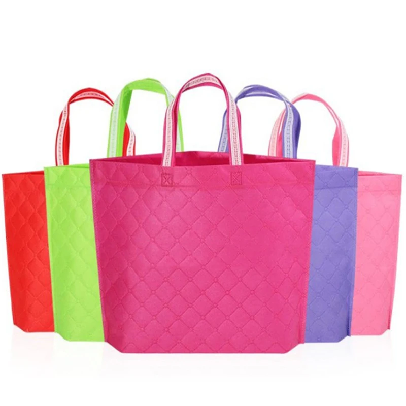 

Reusable Non-woven Fabric Shopping Bag Eco Environmental Tote Handbag Folding Grocery Bag Plaid Pattern Solid Color Recycle Bag