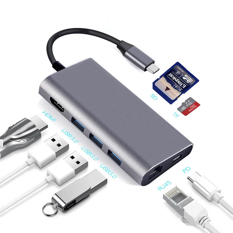 Multi-function 8-in-1 USB C Docking Station USB Hub to HDMI/SD/TF/USB 3.0/PD RJ45 1000Mbps Port for MacBook Pro Chromebook Pixel