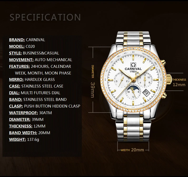 CARNIVAL Men's Watches Top brand luxury Multifunction Automatic Watch Men All steel Waterproof Mechanical Business Sport Watches