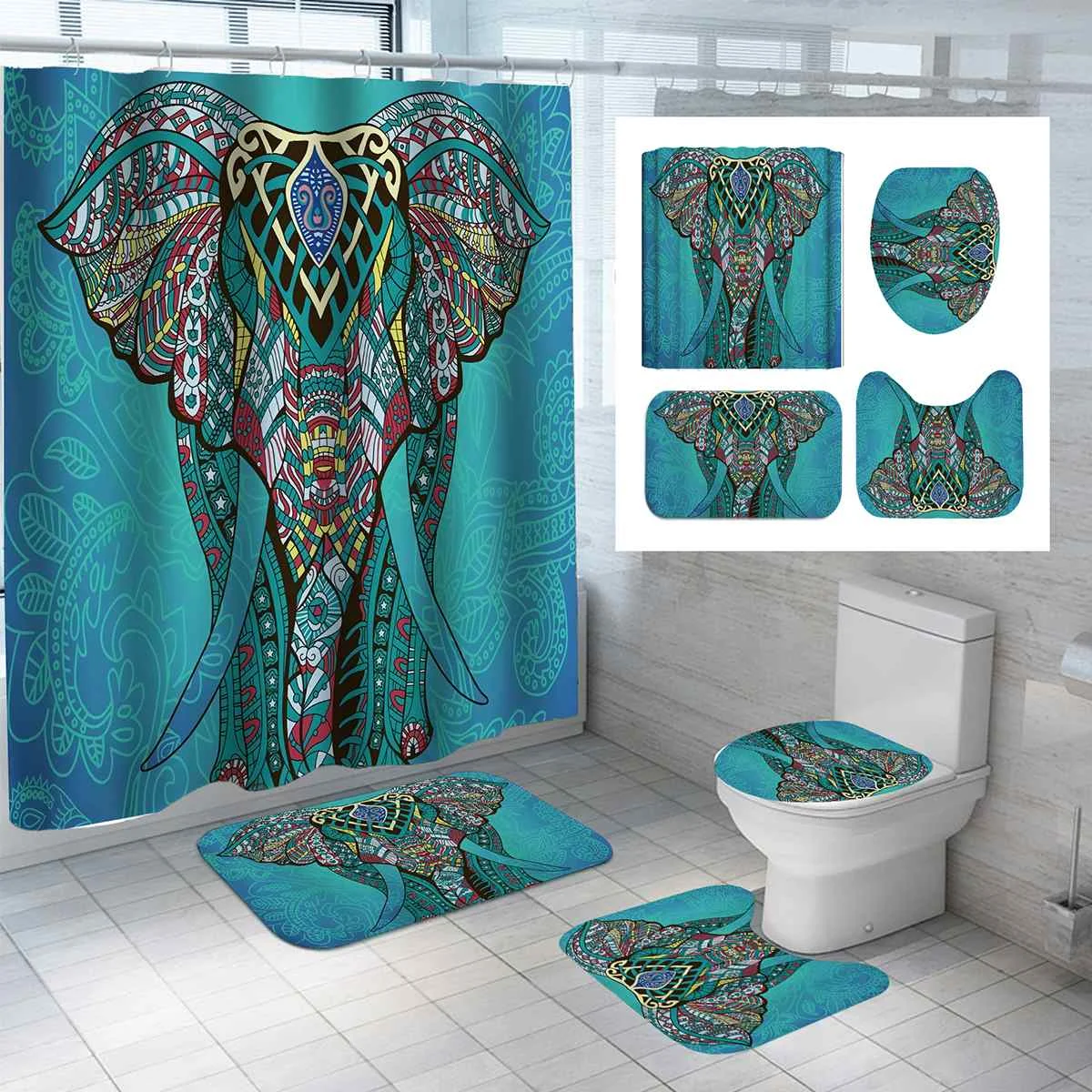 Indian Elephant Bathroom Set Fabric Shower Curtain Toilet Cover