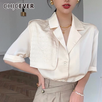 

CHICEVER Asymmetric Shirt For Women Lapel Collar Short Sleeve Large Size Casual Shirts Female Summer 2020 Fashion Clothing
