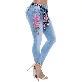 

Large size Pants Sexy Women Floral Embroidery High Waist Skinny Jeans Denim Long Pants Women Jeans