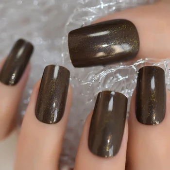 

Glossy Coffee Brown Shimmer Glitter Fake Nails UV False Press on Nails for Girl Full Cover Easy Wear Finger Nail Art Tips