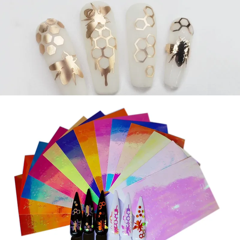 

13pc/Set Hexagon Design Nail Sticker3D Angel Elf Holographic Strip Tape Thin Laser Silver Stripe Sticker DIY Foil Decal Sticker