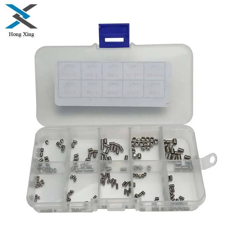 

200Pcs/set 304 Stainless Steel Metric Thread Grub Screw M2 M2.5 M3 M4 Flat Point Hexagon Socket Set Screws Headless Kit