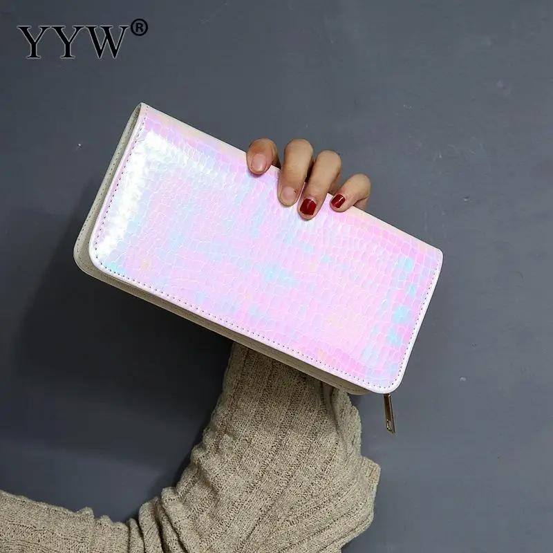 Длинный прямоугольник кошелек для женщин на молнии голографическая дамская сумочка кошелек модная прочная квадратная форма камня зерно клатчи - Цвет: powder pink