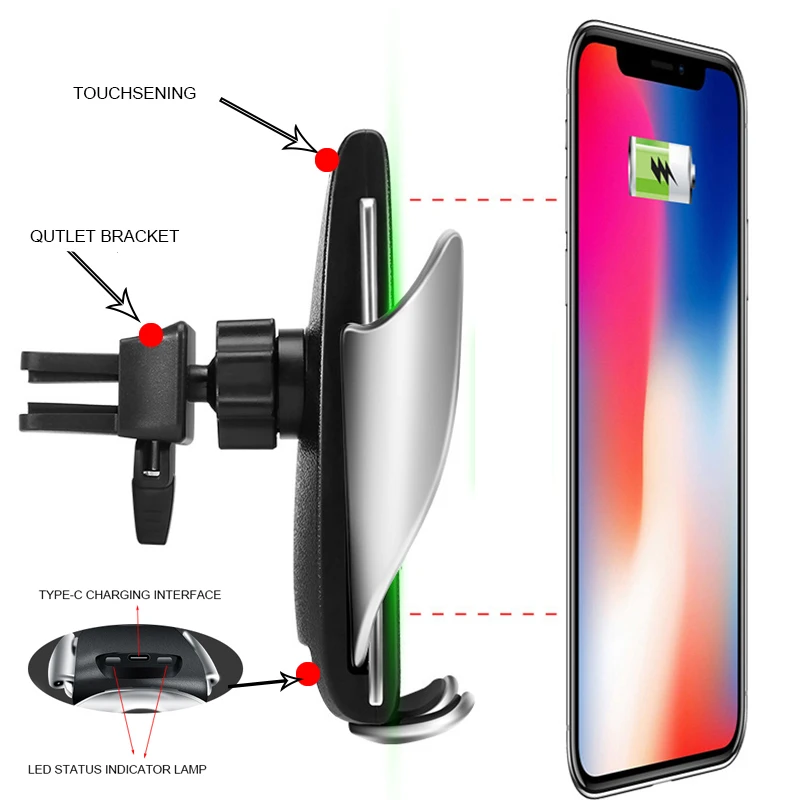 S5 10W Wireless Car Charger S5 Automatic Clamping Quick Charging Phone Holder Mount for iPhone 8 X XR XS Huawei Samsung