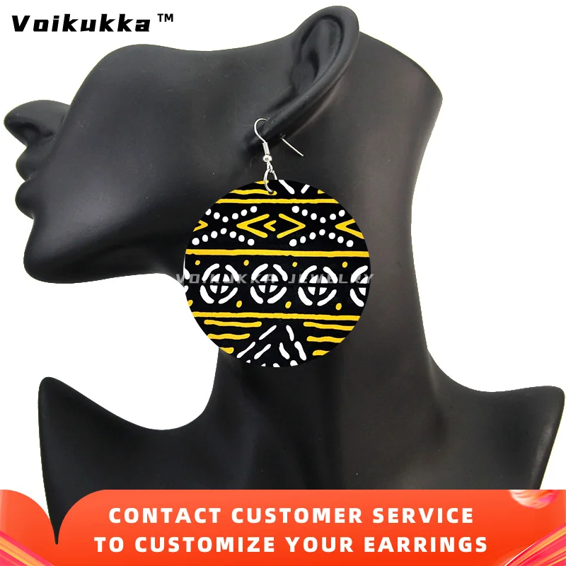 Voikukka jewelry african ethnic fabric pattern leaf wood double sides print round drop dangle women earrings