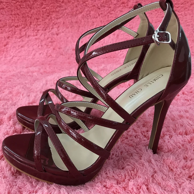 

Sexy Burgundy Patent Sandal High Heel Fiesta Party Women Sandal Summer New Open Toe Ankle Strap Stiletto Platform 12cm Heel Shoe