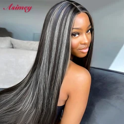 Asimey 13X4 Grey Blonde Highlight Colored Lace Front Straight Wigs Body Wave Wig 32in Remy 180 Density Human Hair Wavy For Women