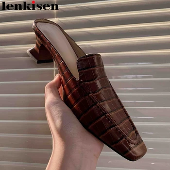 

Lenkisen high fashion streetwear slip on mules stone pattern gingham square toe high strange heels young lady women pumps L96