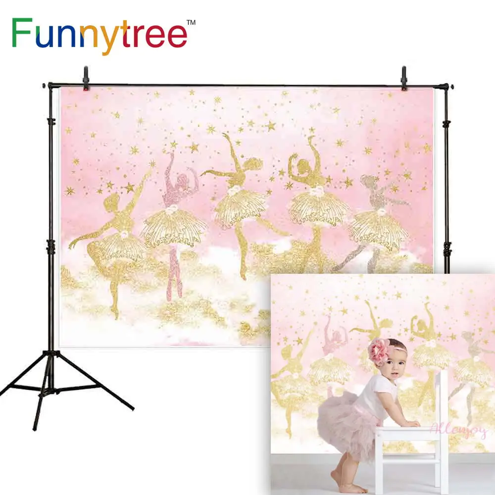 

Funnytree Birthday Backdrop for Girls Pink Glitter Princess Golden Ballet Star Gift Background Photo Props Banner Vinyl Decor