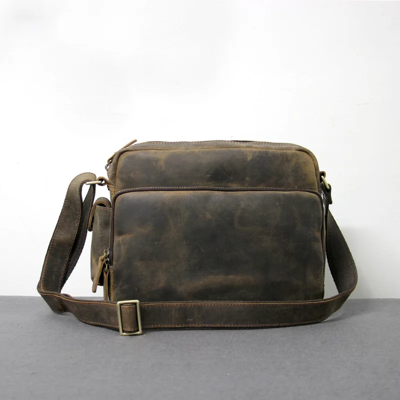 

Crazy Horse Leather Men Fashion Casual Laptop Weekend One Shoulder Bag Design Messenger Crossbody Bag School Book Bag 2088