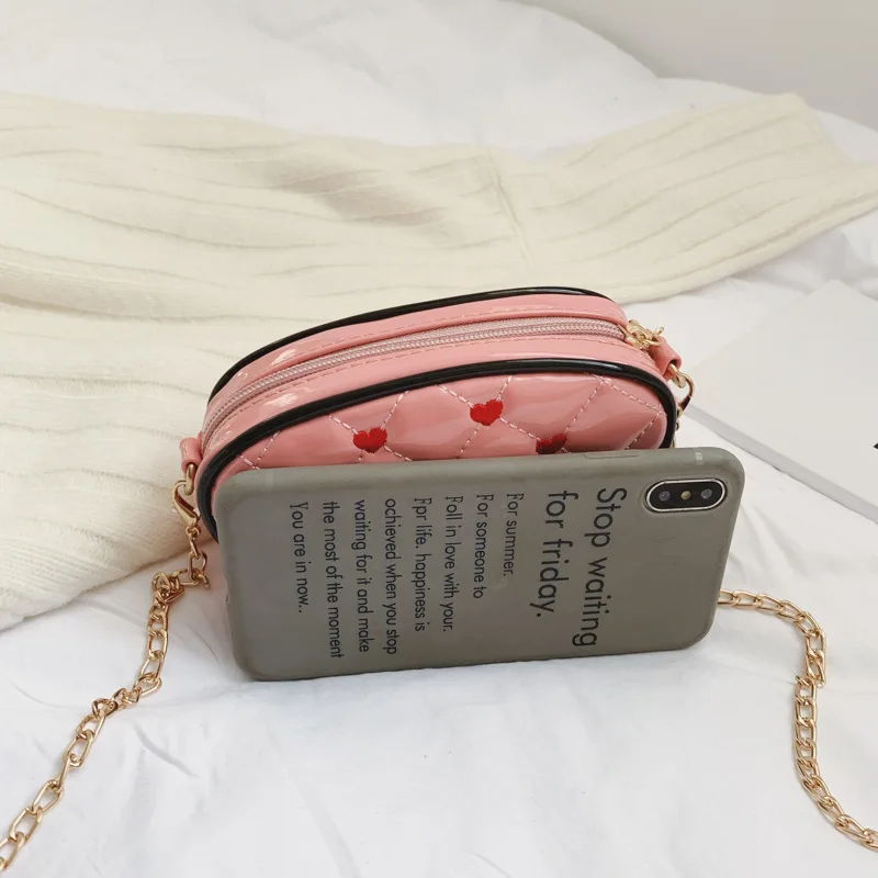 

New Style Fashion Mini Heart Red Embroidered Patent Leather Bright Surface Children Women's Small CHILDREN'S Shoulder Oblique Pu