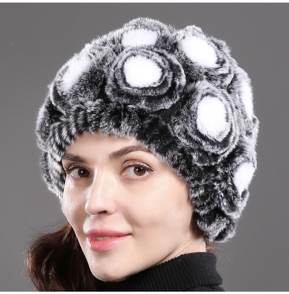 Женский Настоящий мех кролика, шапка для русской зимы, теплый мех кролика Рекс, шапка бини, натуральный цветочный Повседневный Настоящий мех кролика, шапка
