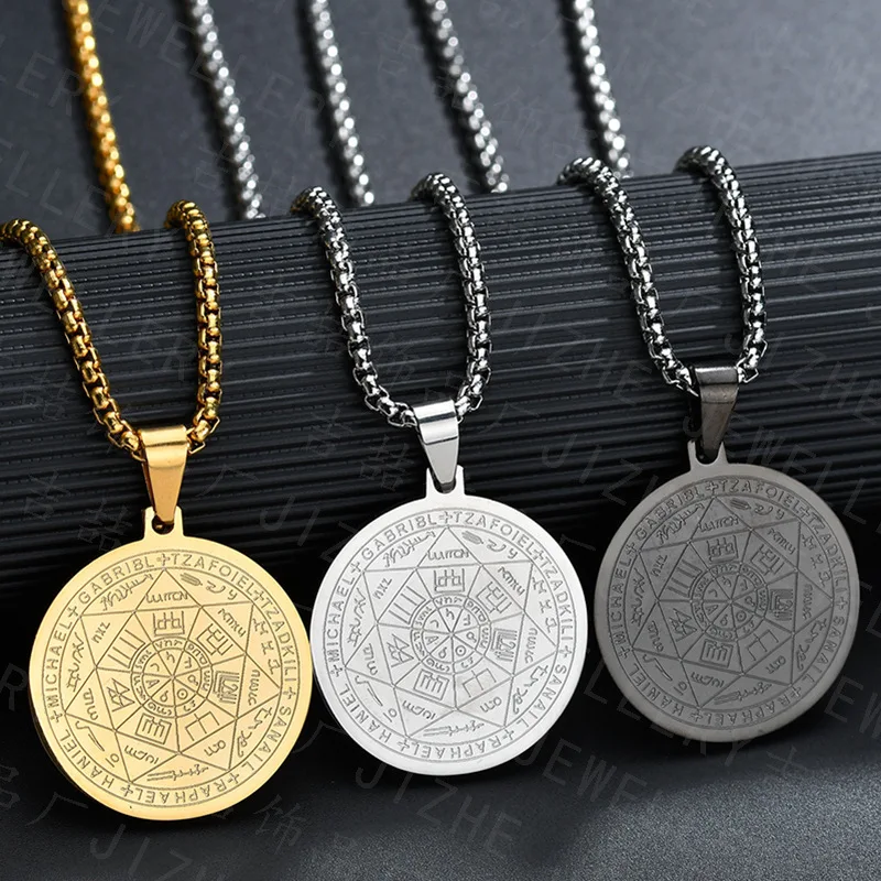 

Fashion trend men's necklace six-pointed star angel round stainless steel three-color pendant creative jewelry gift for men