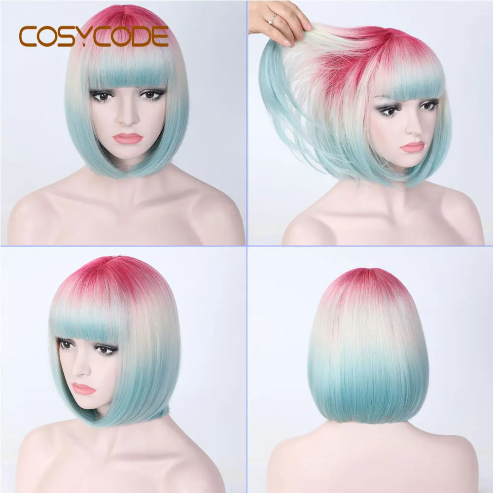 Ombre COSYCODE 12 дюймов короткий черный боб парики с челкой прямые некружевные синтетические Косплей парики костюм 30 см - Цвет: Ombre