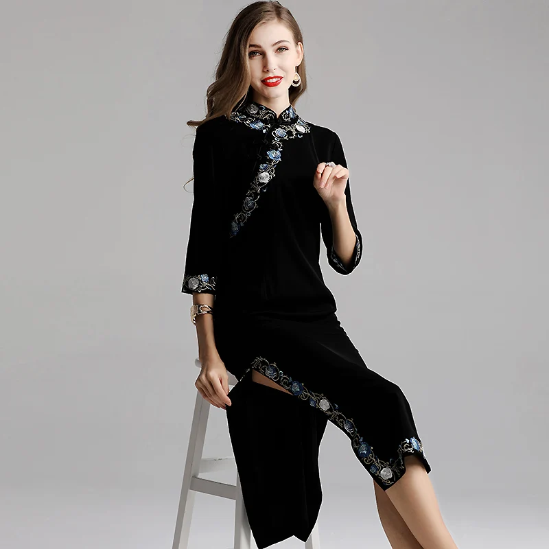 Высокое качество китайский стиль cheongsam вышивка большой цветок платье три четверти рукав осень ретро Пряжка женское платье S-2XL