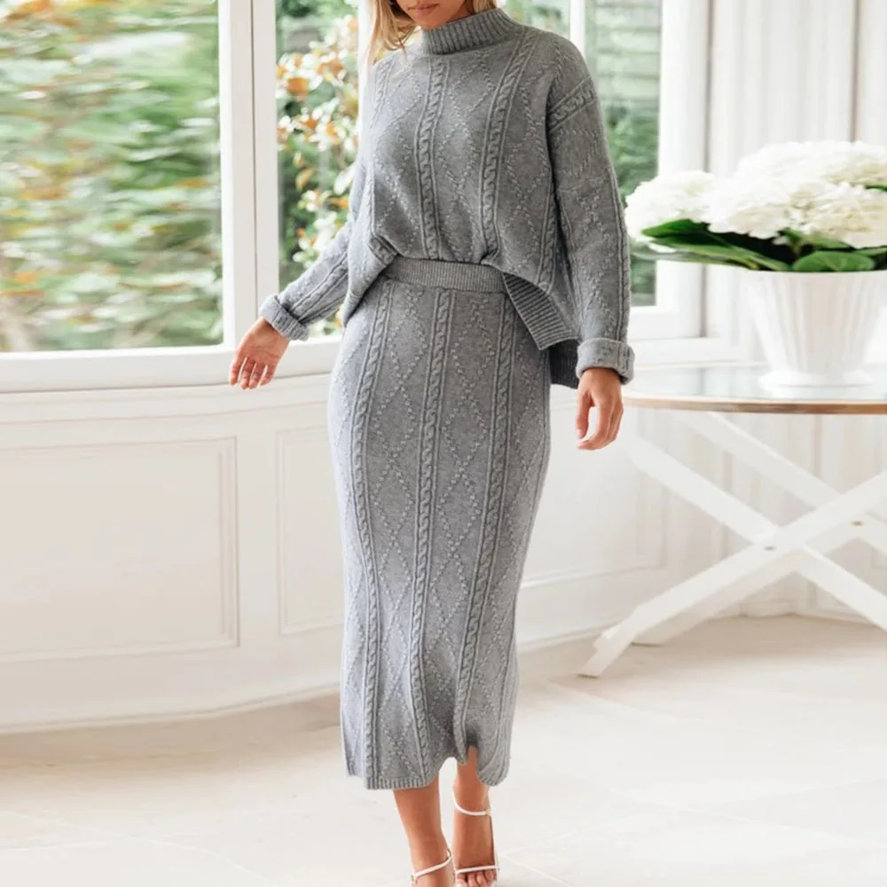 

Turtleneck Knitted Plain Sweater and Split Skirt Two Piece Solid Gray Korean High Neck Elegant 2PCS Ladies Knitwear Tops Warm