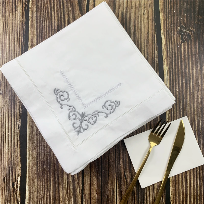 US $36.00 Set Of 12 Fashion Ninner Napkins White Hemstitched Linen Table Napkin With Color Embroidered Floral18x1820x20Inch